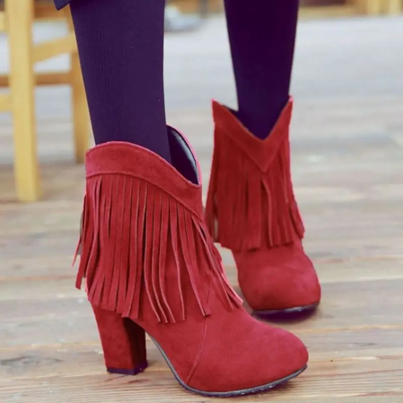 SJJH Women Nubuck Ankle Boots with Round Toe Chunky Fringe Suede Short Martin Boots Fashion Sweet Roman Shoes Large Size Q368