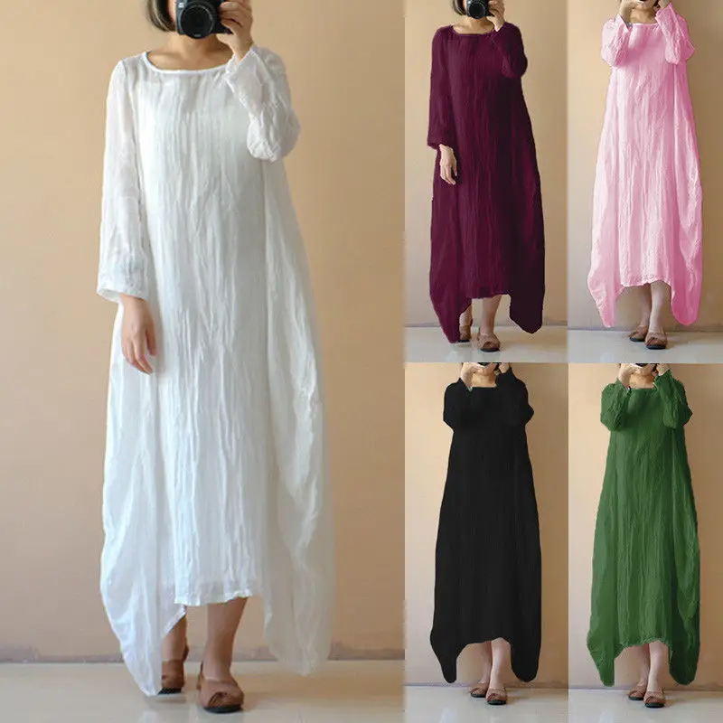 Plus Size Women Long Sleeve Maxi Dress Loose Kaftan Ladies Long Tunic ...