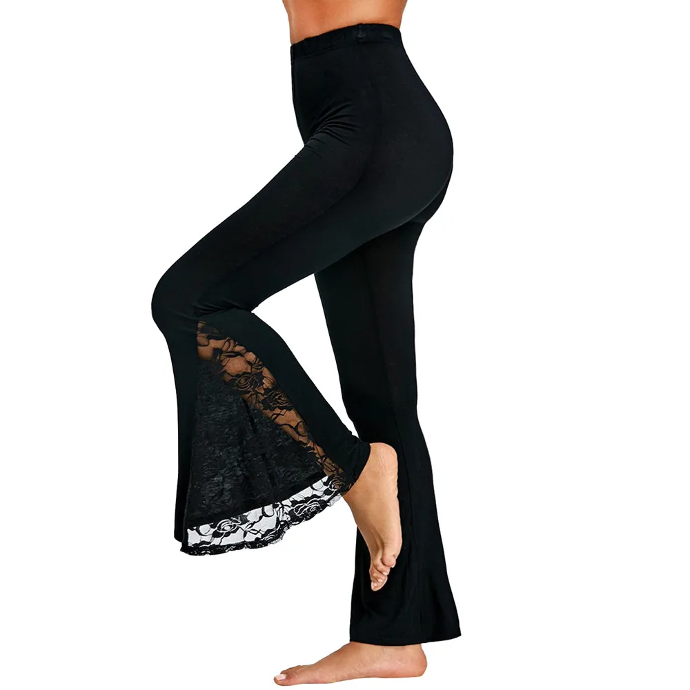 Elegant Ladies Black Wide Leg Trousers Autumn Women Lace Patchwork Gym Leggings Female High Waist Comfortable Yoga Pants #YL1