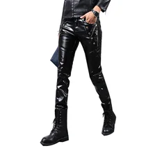 Мода, мужские обтягивающие кожаные штаны, черные штаны для бега, мотоциклетные брюки для мужчин с заклепками