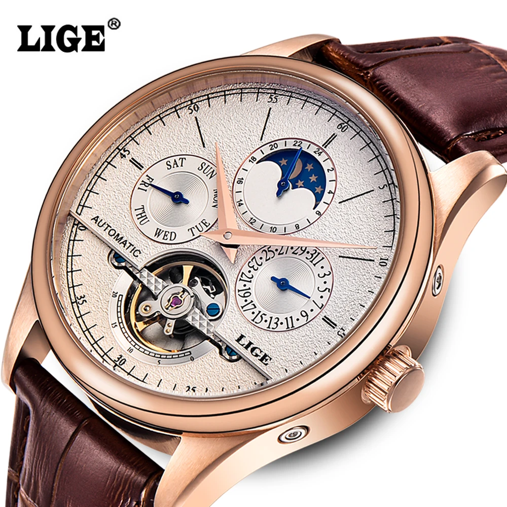 

LIGE Brand Men's Watches Six-pin Moon phases Automatic Watch Men Dive 50M Fashion Casual Leather Wristwatches relogio masculino
