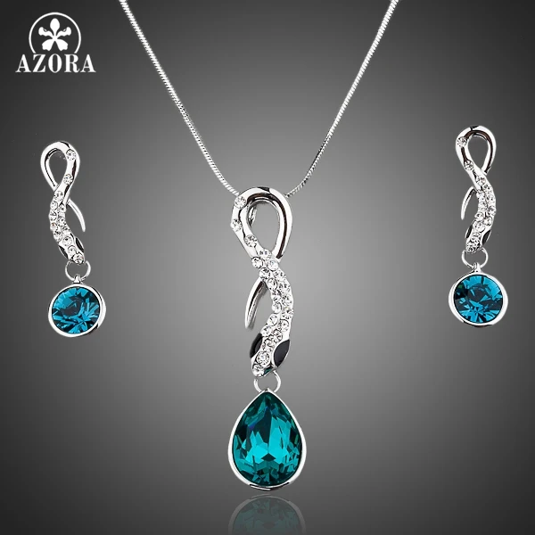 AZORA NEW White Gold Color Blue Stellux Austrian Crystal Drop Earrings and Necklace Jewelry Sets TG0015