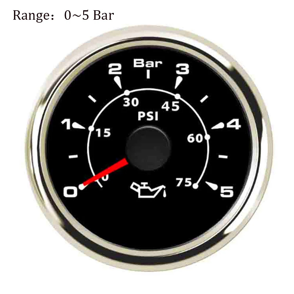 52 мм лодочный Автомобильный манометр давления масла 0~ 10 бар/0~ 5 бар водонепроницаемый измеритель давления масла с 7 цветами подсветки - Цвет: Black Silver 5 Bar