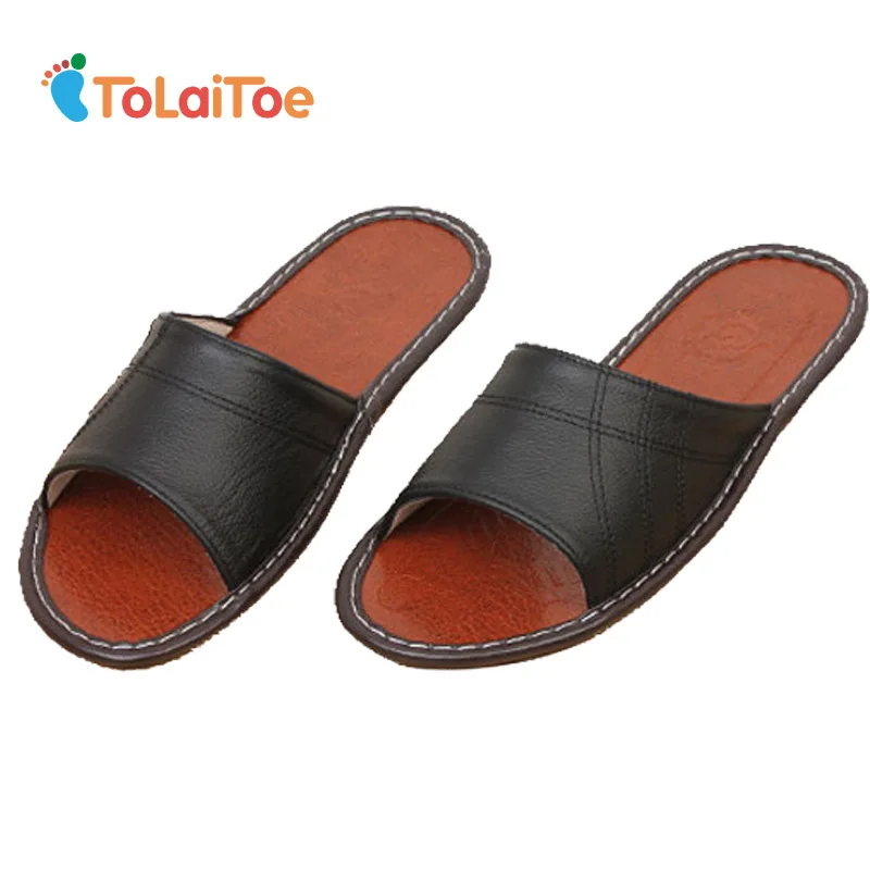 

ToLaiToe Men's Home Spring&Summer Cool Comfortable Black Genuine Leather Slipper Cow Muscle Sweat Indoor Sewing Slipper Shoes