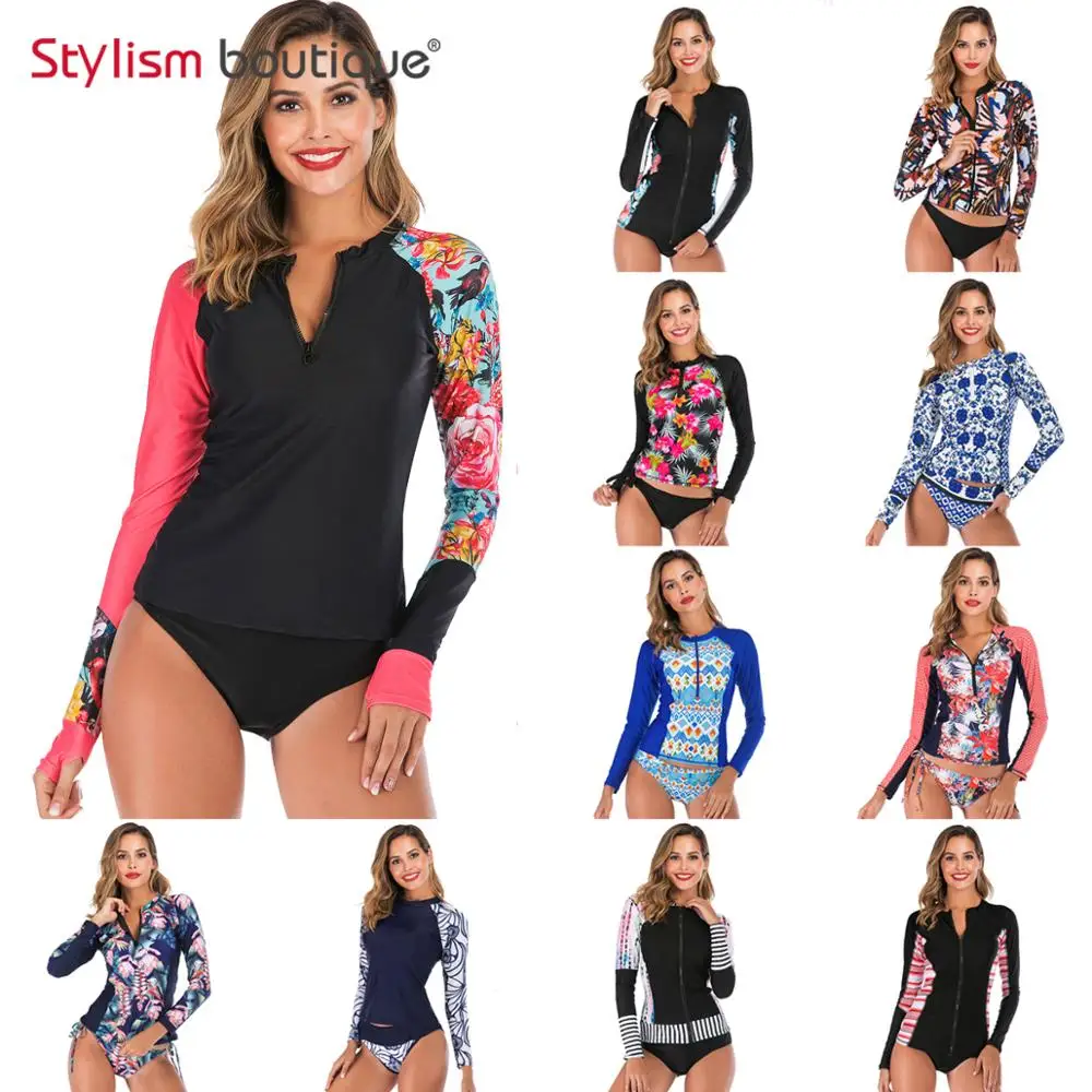 

2019 New Rashguard Padded Long Sleeve Swimsuit Surfing Rash Guard Women Two Piece Swimwear Separate Tankini Sport Bathing Suit