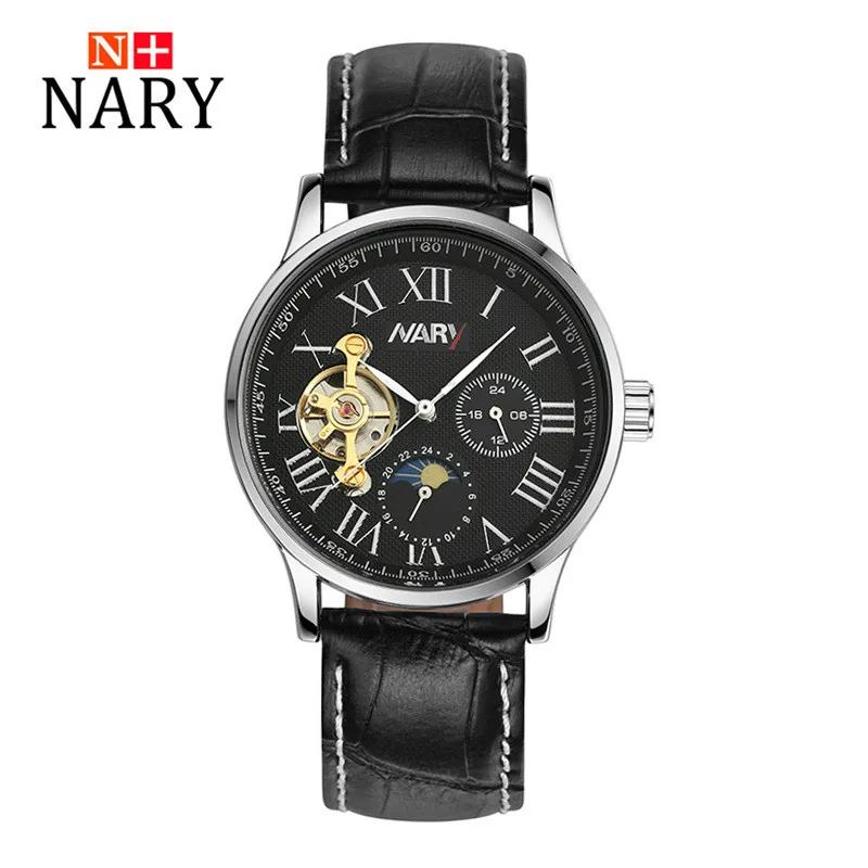 Nary Hollow Watches Men Fashion Business Leather Wristwatch Waterproof Mechanical Hand Wind Watch Relogio W0815