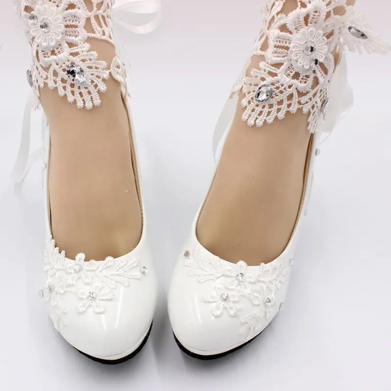 8cm High Heels Shoes Woman Lace Crystal Rhinestones Bridal Ankle Satin ...