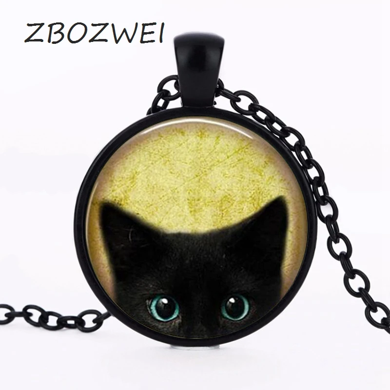 

3 Color Trendy animal pendant necklace Cat lovers gift Glass cabochon black cat locket pendants necklace Alloy collares jewelry