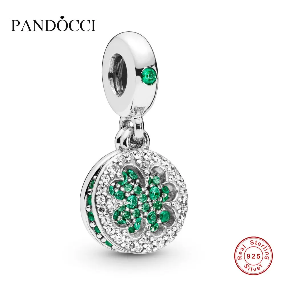 

PANDOCCI 925 Sterling Silver Dazzling Lucky Four-Leaf Clover Hanging Charm Fit Original Bangle Bracelet DIY Jewelry 2019 Spring