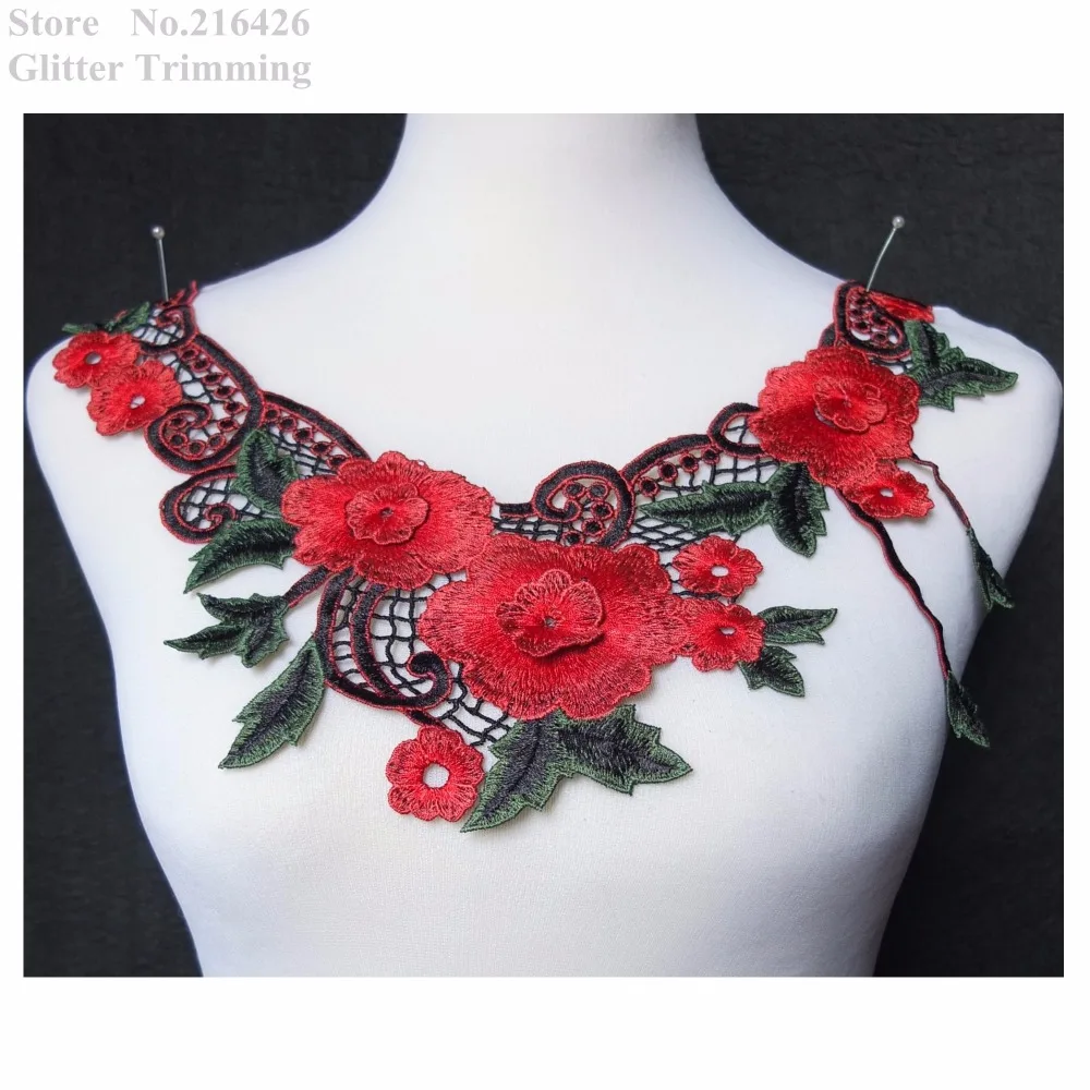 Free shipping 1pc x redgreen flower embroidery lace applique trim