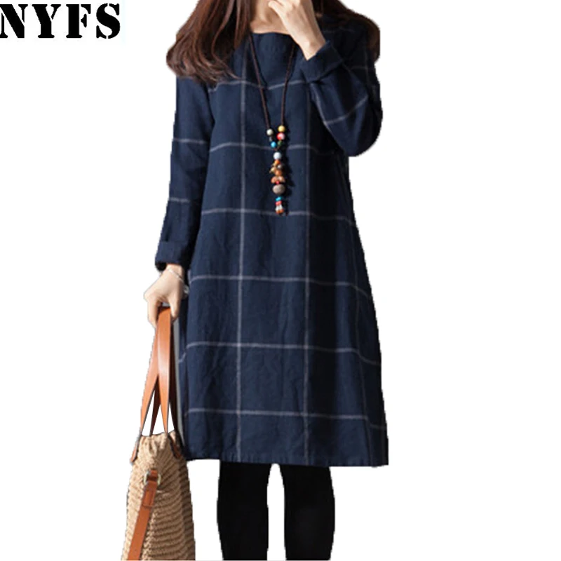 

NYFS!2019 New Style Spring Autumn Women dress loose grid Cotton Linen long sleeve Vintage Dress Vestidos Robe