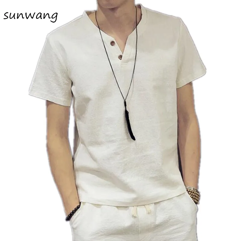 Mens Pullover Linen Shirts Short Sleeve Summer Breathable Quality Casual Shirts Slim fit Solid