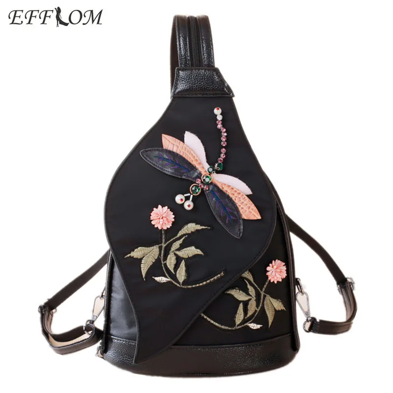 

Style Design Vintage Canvas Backpack Embroidery Rhinestone Dragonfly Chest Bag Girls Mini Backpacks Women Backpack Small Black