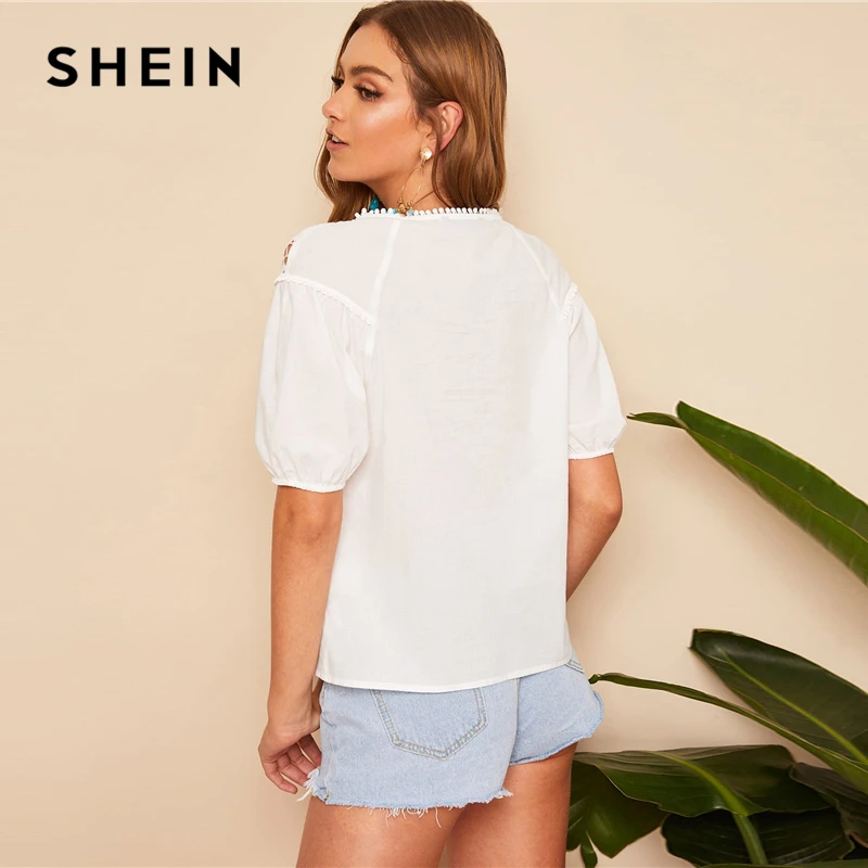 Женская кружевная блузка SHEIN летняя однотонная блуза с круглым вырезом и