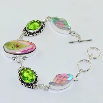 

Solar Quartz & Rainbow Topas & Peridots Silver Overlay on Copper Bracelet , 20.6 cm, B1688