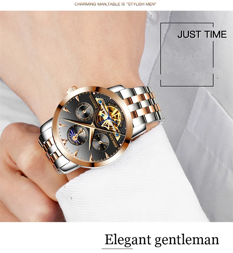 Binkada Moon Phase Лидирующий бренд Для мужчин S Деловые часы Автоматическая Tourbillon брендовые кожаные часы Для мужчин Календари Relogio Masculino