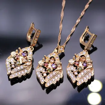 

Fashion Party Bridal Jewelry Champagne Gold Color Rhombus Colorful Crystal Zircon Necklace Earring Set For Women