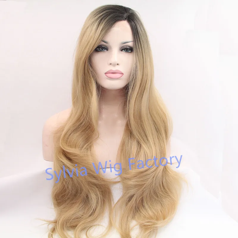 wholesale Premium blonde ombre wig dark root long natural body  wave wigs Brazilian Hair synthetic lace front wig heat resistant