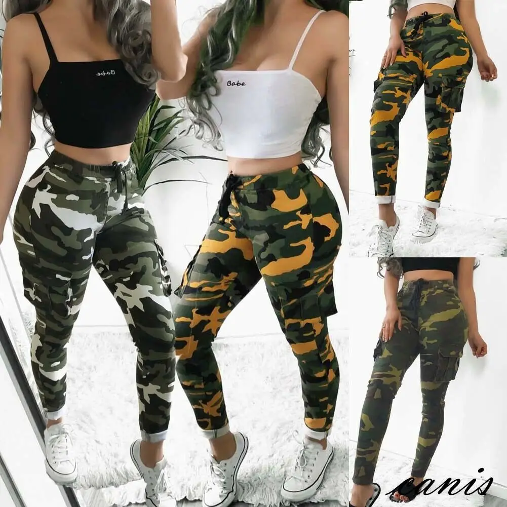

Hirigin Women Casual Camo Cargo Trousers Drawstring Pants High Waist Skinny Long Jeans