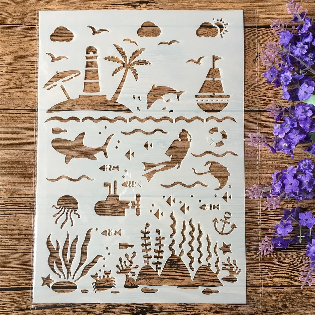 

1Pcs A4 Sea Ocean World DIY Layering Stencils Wall Painting Scrapbook Coloring Embossing Album Decorative Card Template