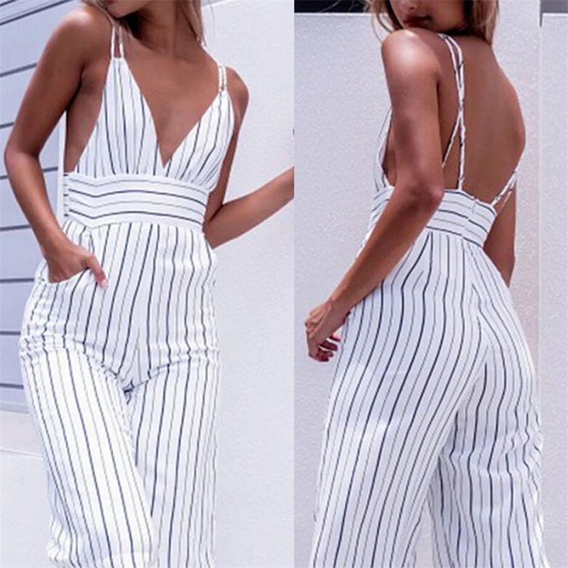 

2018 New Jumpsuit Women Striped Clubwear V-Neck Playsuit Sleeveless Jumper Bodycon Party Jumpsuit Female Summer Backless Romper