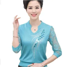 С цветочным принтом трикотажные Топы корректирующие Для женщин три четверти Кружево Ретро футболка Летняя футболка мать подарок высокое качество элегантные футболки ac103