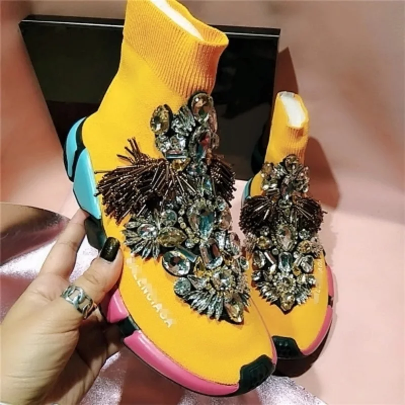 Haute Noir Station Coréenne Strass orange Nouveau bottom Épais Baita Chaussures Gland Aider La rose Tricot Loisirs De Stretch Chaussettes Version Européenne wr1wa