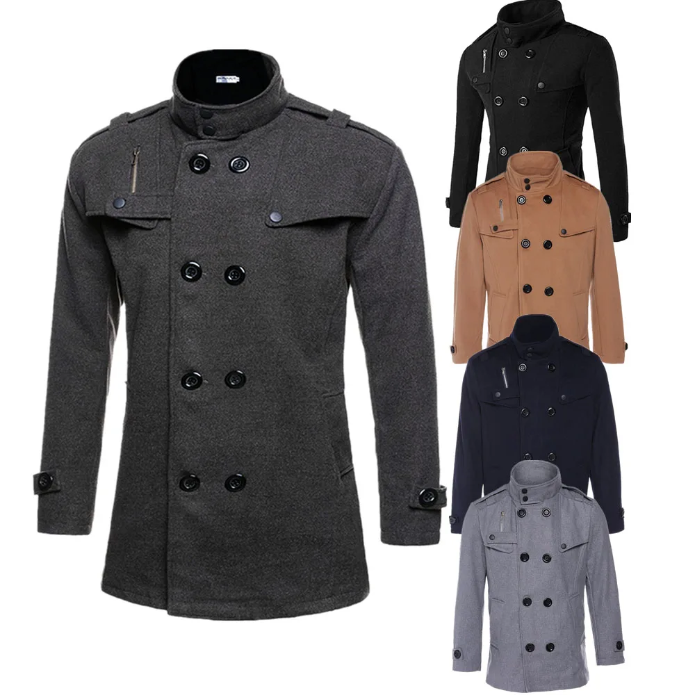 Мужской осенне-зимний теплый двубортный пиджак с отворотом и длинным рукавом, модная повседневная верхняя одежда, Новое мужское шерстяное пальто, Тренч