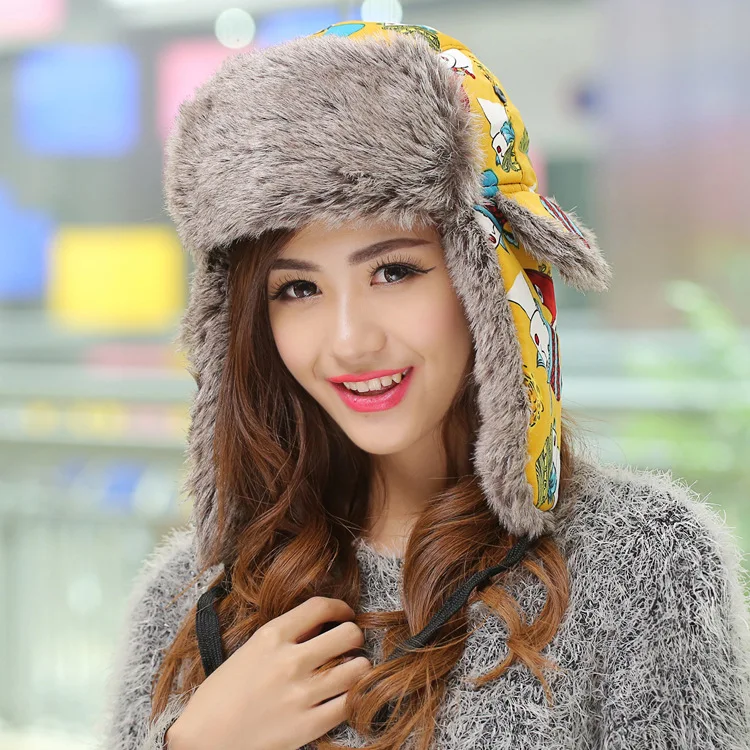 Модная европейская женская шапка-бомбер с принтом с искусственным мехом, Русская Шапка для женщин, зимняя шапка-ушанка