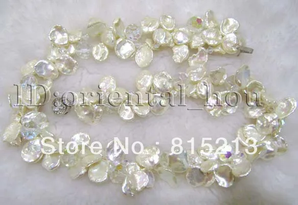 

FREE SHIPPING>@@> N1365 Natural White Keshi Reborn Petal Pearl Crystal Necklace