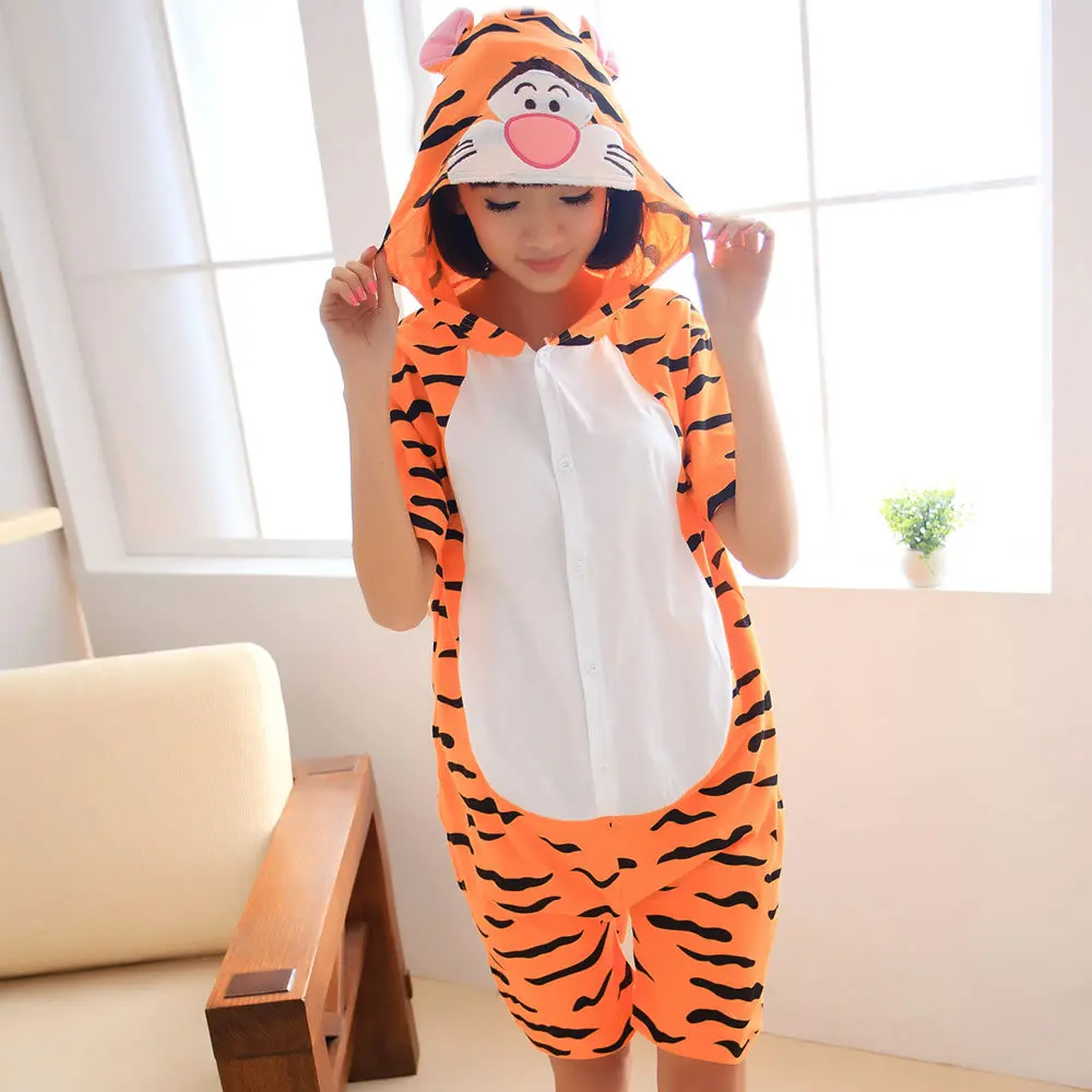 

Kigurumi Onesie Unisex Adult Women Tiger Pajamas Costume Animal Cosplay Summer Short Sleeve Cartoon Hoodie Sleepwear