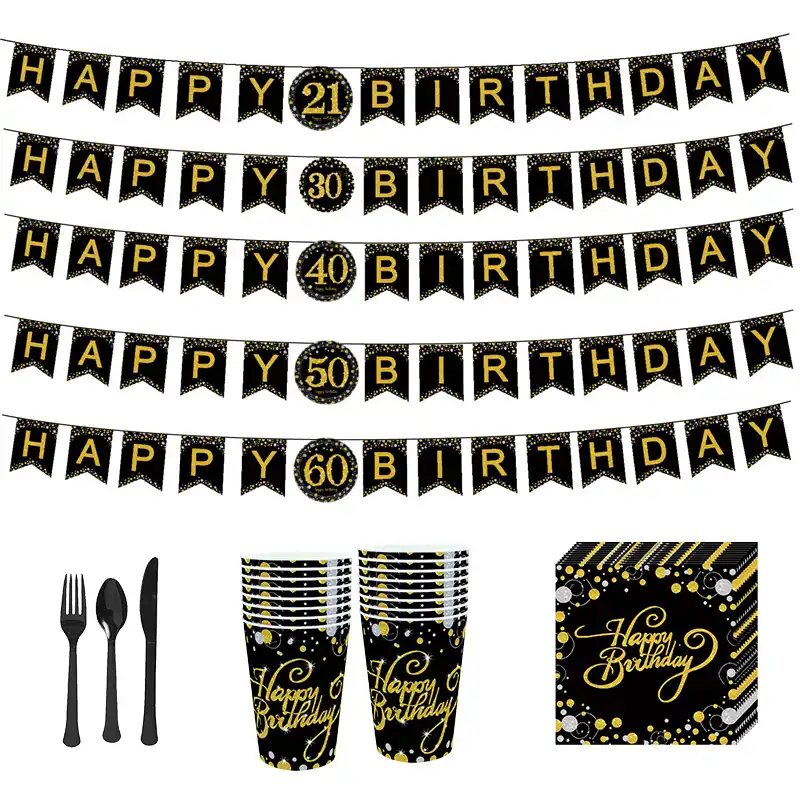 Золотые черные флаги с днем рождения баннер посуда бумажные чашки пластины салфетки для 21 30 40 50 60 день рождения украшения поставки