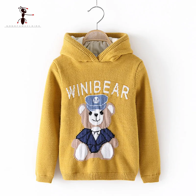 

2018 Kung Fu Ant Hooded O-Collar Two choices Embroidery Pattern Winter Knitted Boys Sweaters for Hot Students Baby Clothes 3220