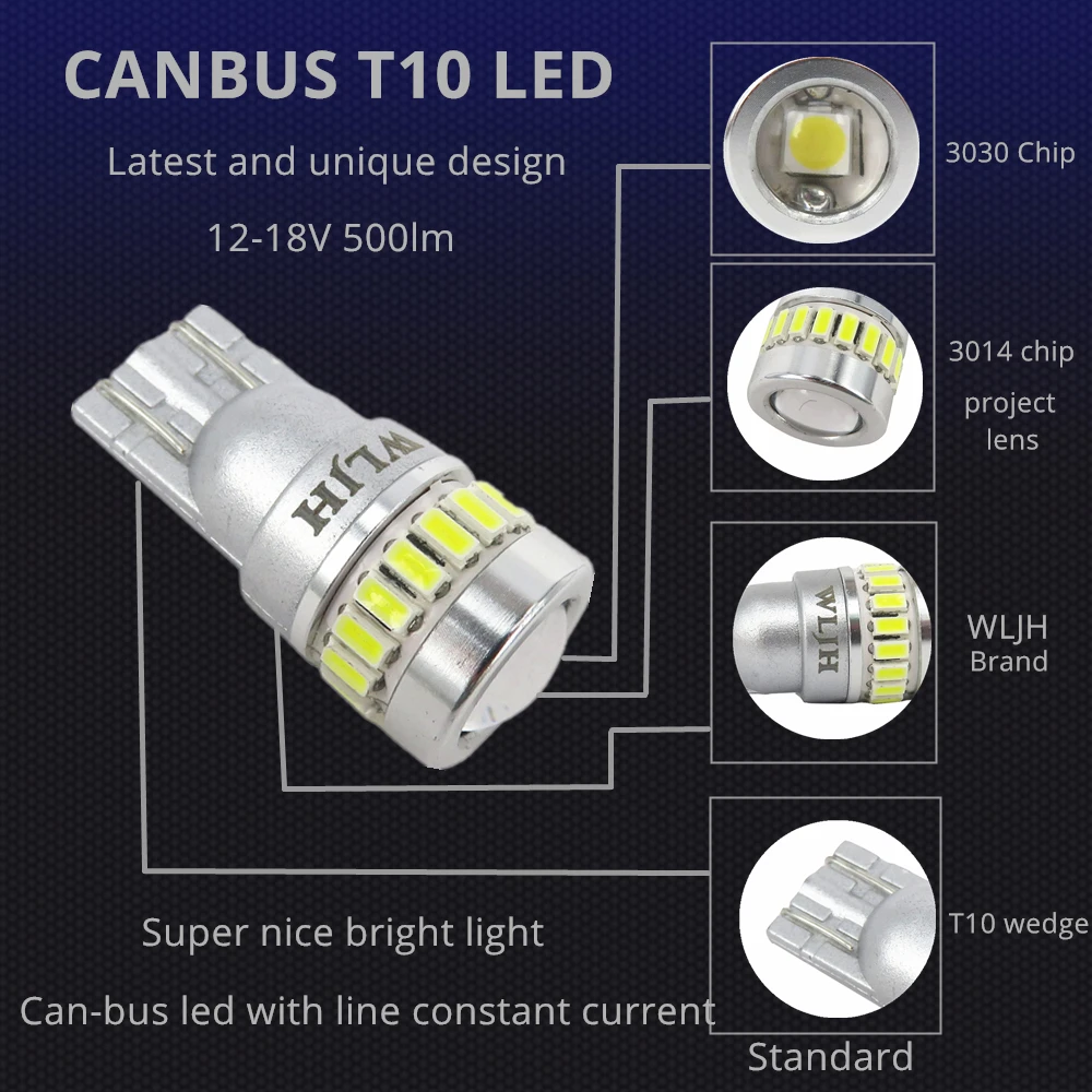 WLJH 2x CANBUS 10 V-18 V 3030 2835 Чип T10 W5W светодиодный светильник для салона автомобиля, карта, купольная лампа, внешний светильник номерного знака 6000K белый