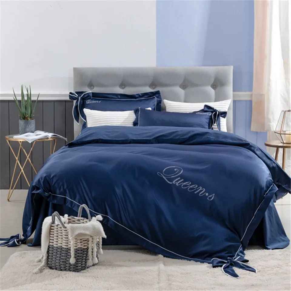 

Luxury Silk 60 Cotton King Size Bedding Set Bow Rhinestone Design Queen Bed Set Linens Dark Blue Pink Grey Solid Color 4 Pcs