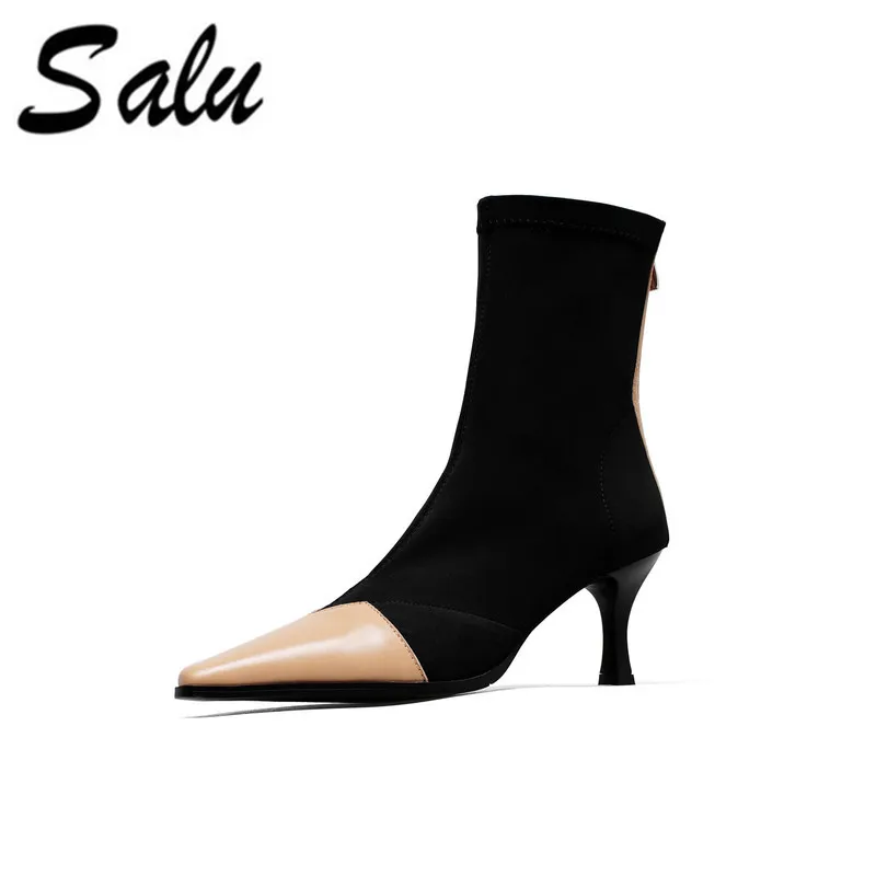 

Salu Autumn Ankle Boots Woman Genuine Leather Pointed Toe Thick High Heel Booties zipper Ladies mix color