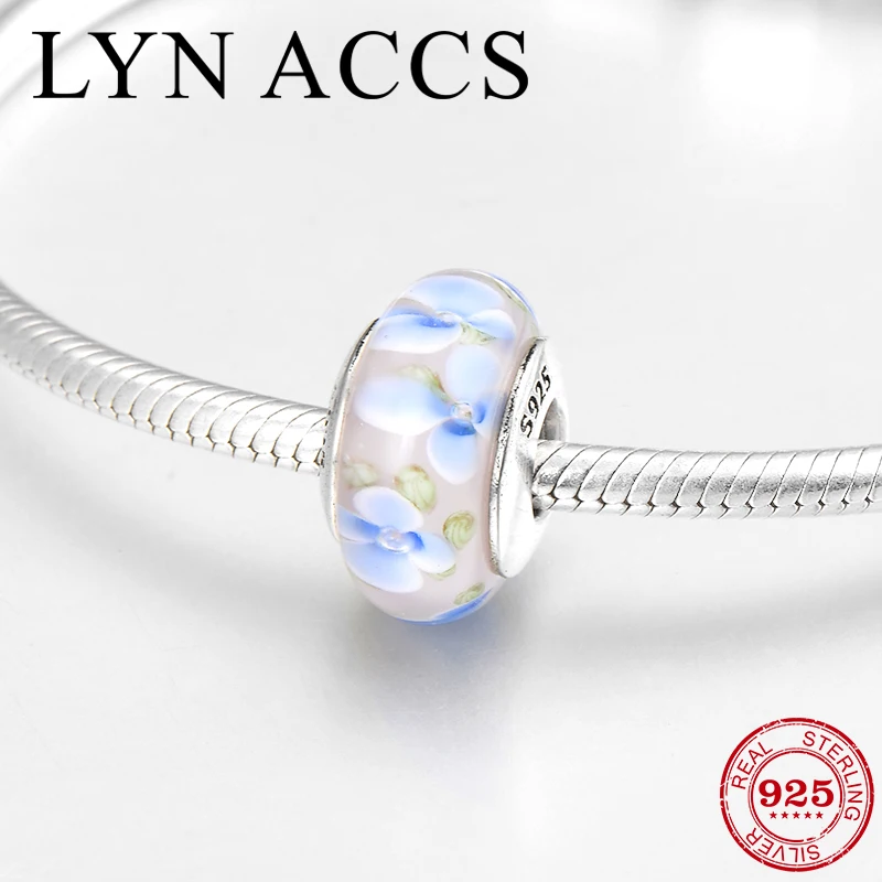 

925 Sterling Silver Blue magnolia Flowers European Murano Glass Beads Jewelry making Fit Original Pandora Charms Bracelet