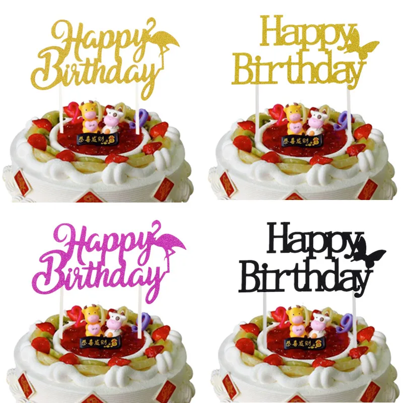 

1pc Cake Toppers Happy Birthday Flamingo Butterfly Birthday Party Cake Baking Decoration Supplies Multi Colors