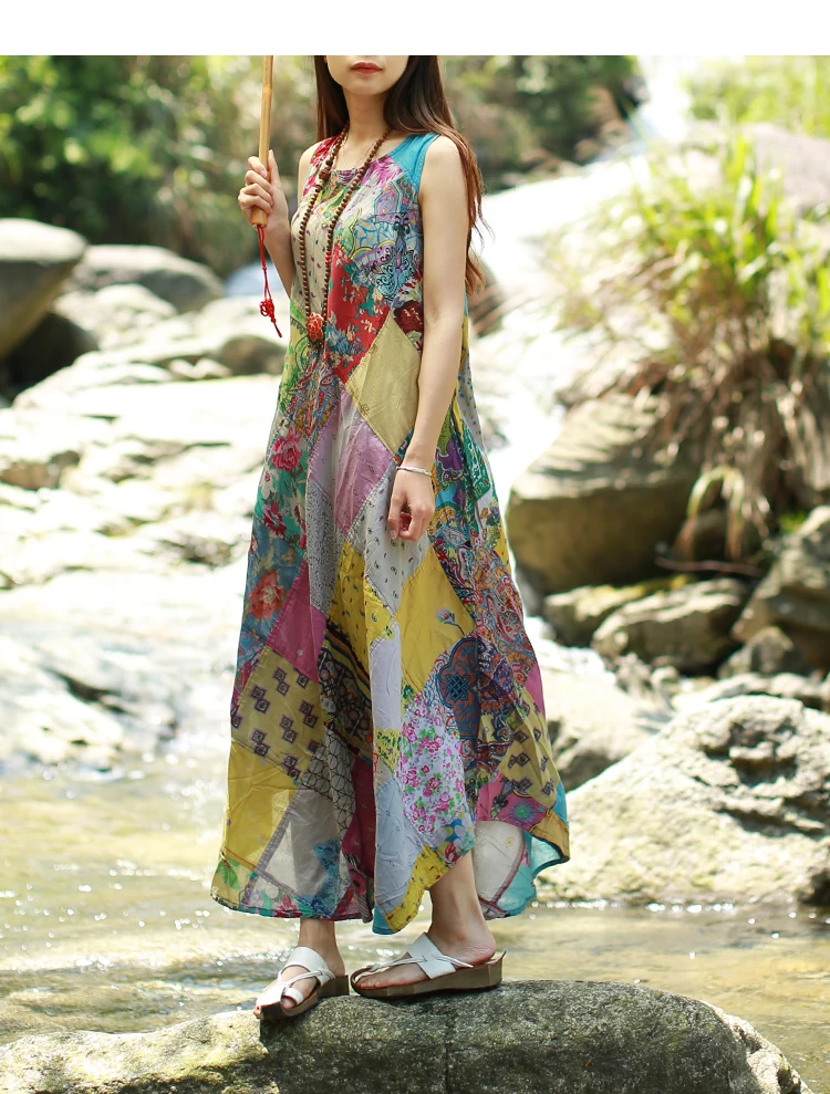 新作モデル LZJN-Random Patchwork Long Dress for Women, Cotton Sundress Clothing