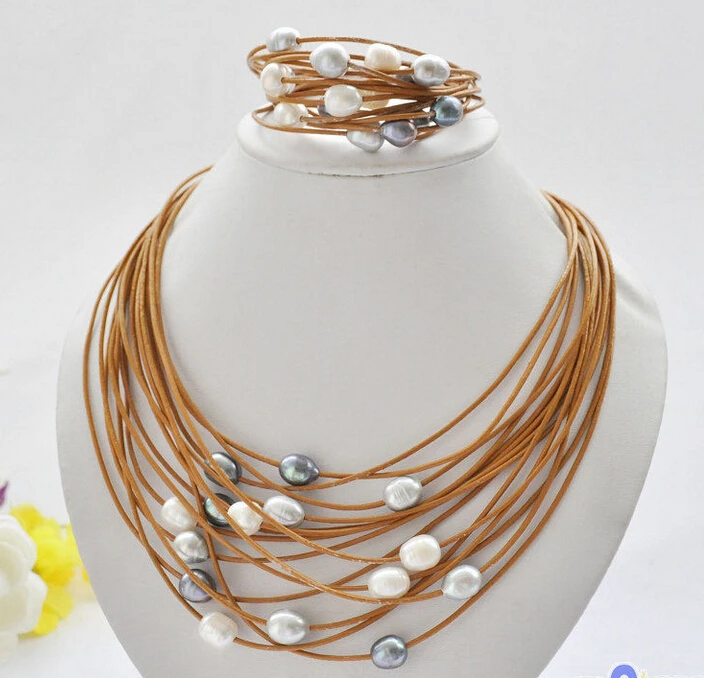 

15row 13mm white black gray rice pearl coffee leather necklace & bracelet (A0423)