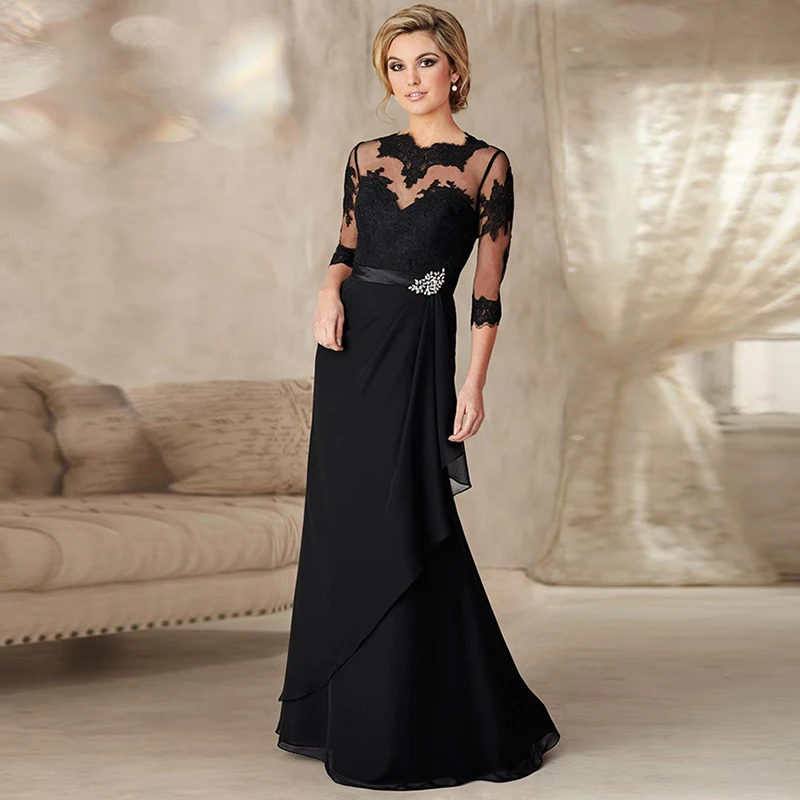 Sexy See Through Top A-line Black Chiffon Evening Dress Appliques Open Back Floor Length Party Prom Robe de Soiree | Свадьбы и