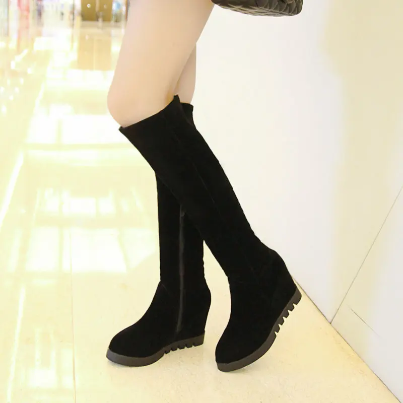 

Women's Flock Knee High Boots Square High Heel Fashion Boots Platform Zipper Winter Ladies Shoes Red Black