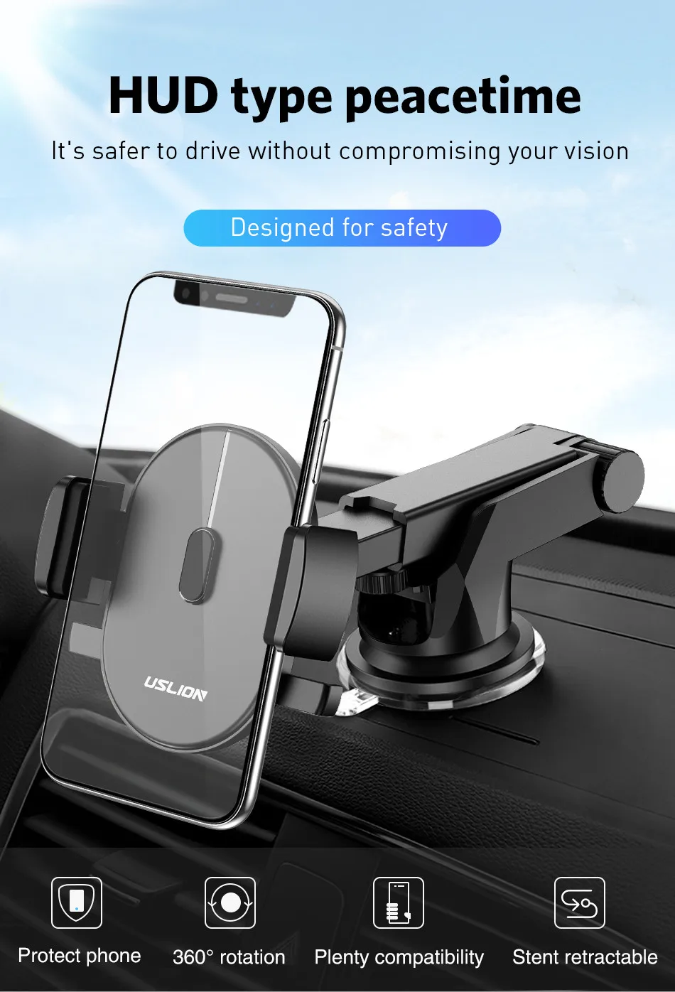 USLION Car Phone Holder in Car For Samsung S10 S9 S8 360 Rotation Car Holder For iPhone X XS MAX Stand Support Windshield Mount