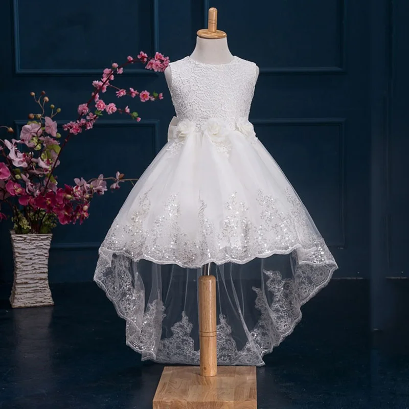 

White Flower Girls Dress Sleeveless Tulle Lace Long Tail Wedding Bridesmaid Party Floral Bow Kids Teenage Vestidos Tutu Dress