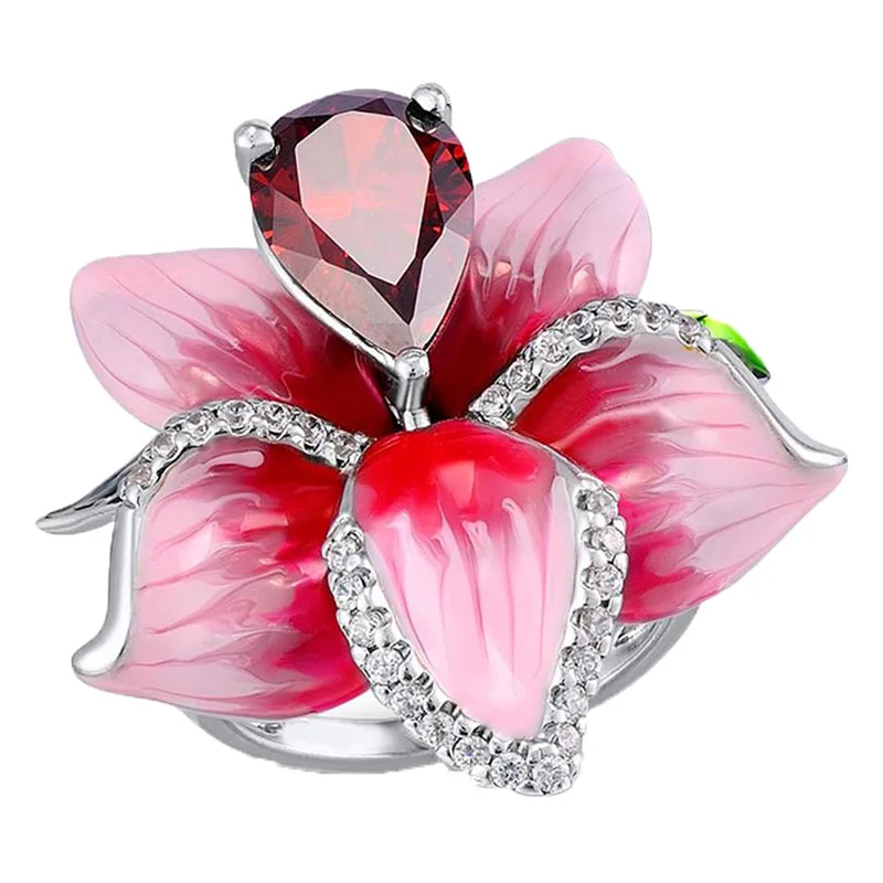 

Enamel Flower Rings For Wedding Jewelry Red Water Drop Crystal Engagement Ring Gift