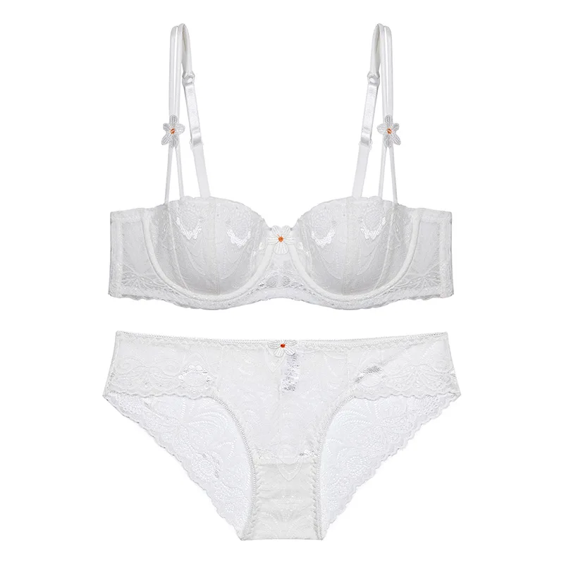 New Women Demi Push Up Bra Sets Fashion Cotton Thin Cup Strappy Elegent Daisy Applique Embroided Lingerie Set Bralet and Panty