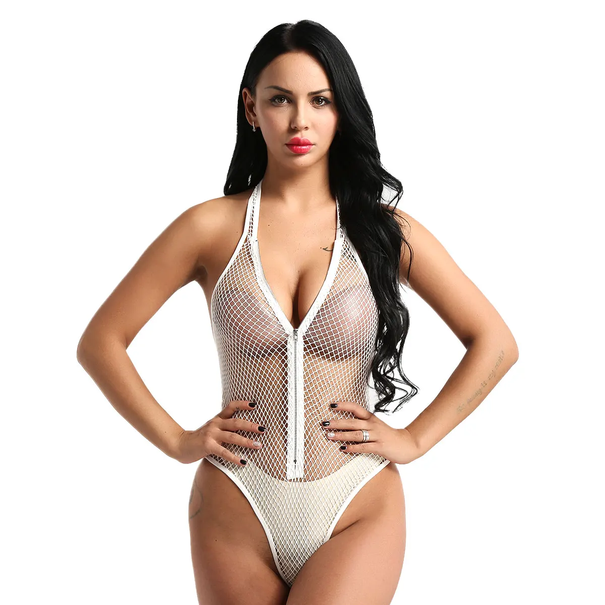 Billige Sexy Einem stück badeanzug Frauen Fishnet bademode monokini Mesh Halter Neck Zip Up Tanga Body Sehen Durch Dessous badeanzug