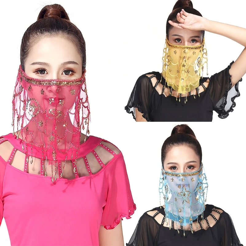 Womens Indian Belly Dance Face Veil Sequins Tribal Costume Scarf