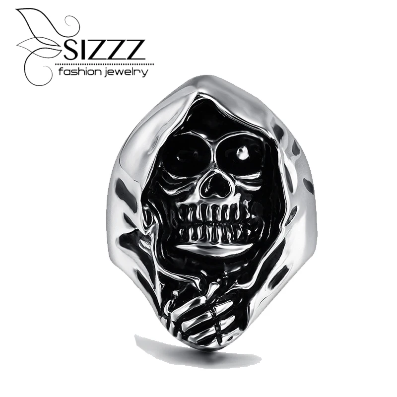 

SIZZZ NEW Men's Punk Gothic Emo Biker 316L Stainless Steel Anarchy Grim Reaper Skull Demon Ring Band Factory Price