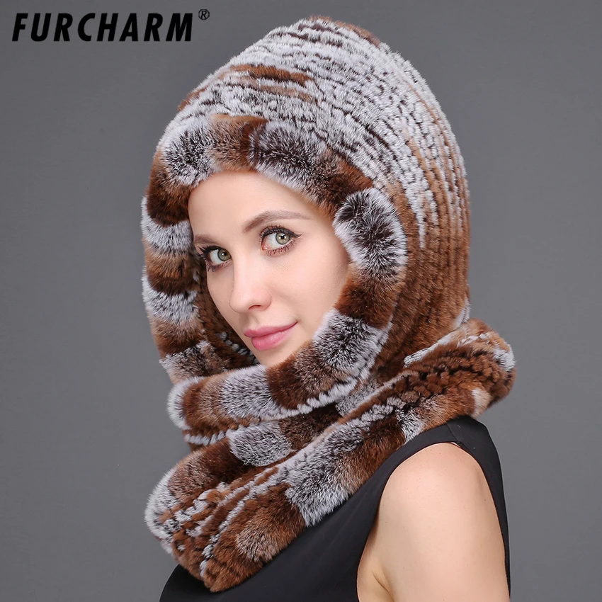 

Rex Rabbit Fur Knitted Scarf Hat for the Winter Warm Genuine Fur Winter Balaclava Women Winter Long Hooded Scarves Caps